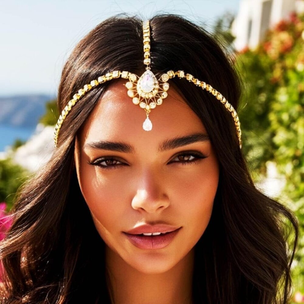 Rhinestone Head Chain Jewelry Gold Boho Crystal Egyptian Costume Headpiece